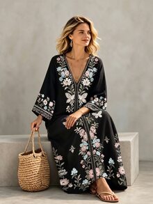 Ceyna Plus Size Deep V Neck Symmetrical Placement Print Long Loose Fit Drop Shoulder Dress - Black and White - View 5