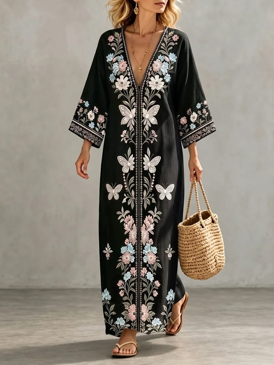 Ceyna Plus Size Deep V Neck Symmetrical Placement Print Long Loose Fit Drop Shoulder Dress - Black and White - View 1