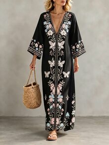 Ceyna Plus Size Deep V Neck Symmetrical Placement Print Long Loose Fit Drop Shoulder Dress - Black and White - View 4