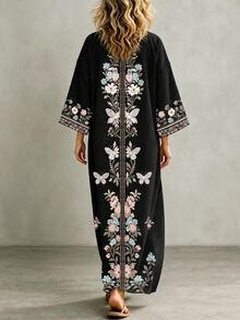 Ceyna Plus Size Deep V Neck Symmetrical Placement Print Long Loose Fit Drop Shoulder Dress - Black and White - View 2