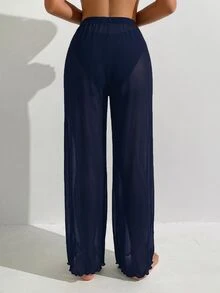 Swim Basics Women's Solid Color Casual Versatile Daily Wear Cover Up And Pants Set - Navy Blue - View 2