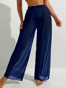 Swim Basics Women's Solid Color Casual Versatile Daily Wear Cover Up And Pants Set - Navy Blue - View 4