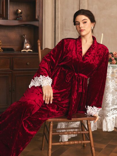 Côtesoire Zuid-Frankrijk Elegante Romantische Colorblock Kant Patchwork Revers Lange Mouwen Broek Plus Size Pyjama Set