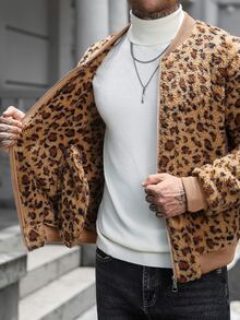Manfinity CasualCool 男士長袖豹紋抓絨休閒街頭夾克，秋冬款約會之夜電音派對棕色 - 棕色 - 查看 5
