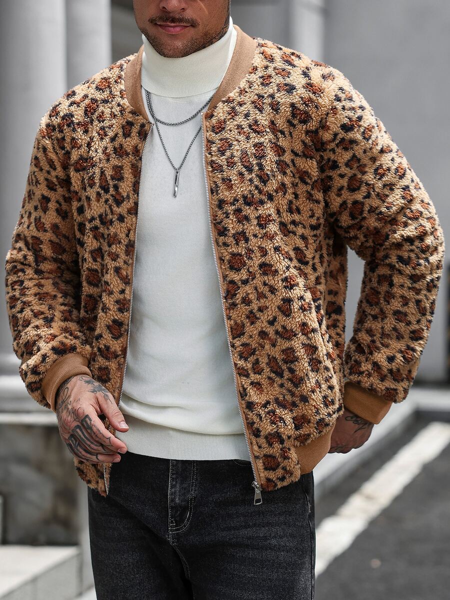 Manfinity CasualCool 男士長袖豹紋抓絨休閒街頭夾克，秋冬款約會之夜電音派對棕色 - 棕色 - 查看 1