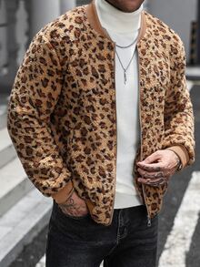 Manfinity CasualCool 男士長袖豹紋抓絨休閒街頭夾克，秋冬款約會之夜電音派對棕色 - 棕色 - 查看 7