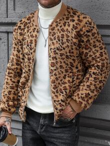 Manfinity CasualCool 男士長袖豹紋抓絨休閒街頭夾克，秋冬款約會之夜電音派對棕色 - 棕色 - 查看 6