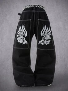 Manfinity Denimwave 男士翅膀印花寬鬆寬腿牛仔褲，嘻哈街頭風丹寧長褲 - 黑色 - 查看 3
