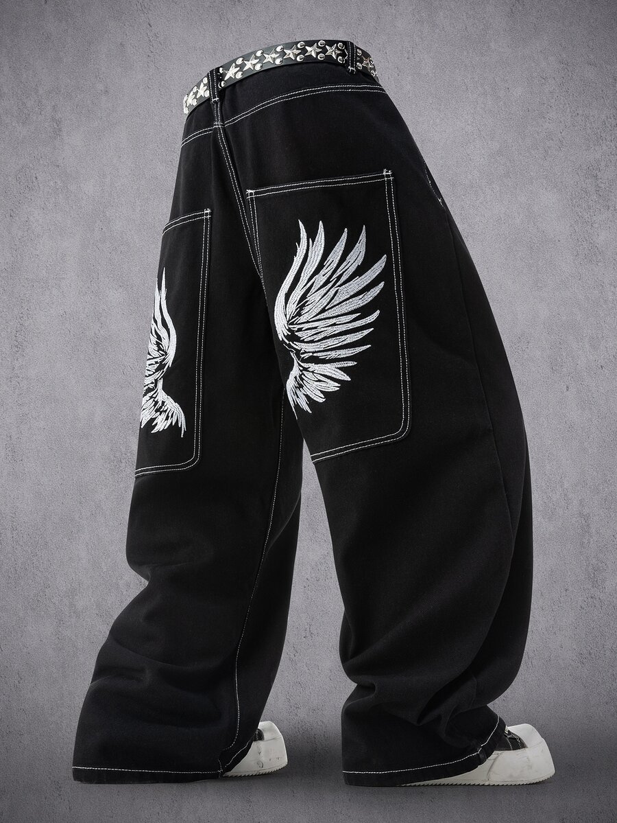 Manfinity Denimwave 男士翅膀印花寬鬆寬腿牛仔褲,嘻哈街頭風丹寧長褲 - 黑色 - 查看 1