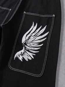 Manfinity Denimwave 男士翅膀印花寬鬆寬腿牛仔褲，嘻哈街頭風丹寧長褲 - 黑色 - 查看 6