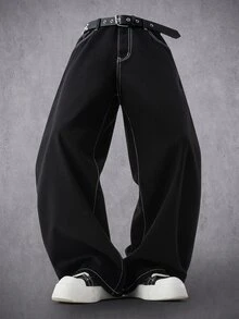 Manfinity Denimwave 男士翅膀印花寬鬆寬腿牛仔褲，嘻哈街頭風丹寧長褲 - 黑色 - 查看 4