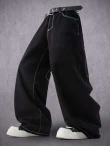 Manfinity Denimwave 男士翅膀印花寬鬆寬腿牛仔褲，嘻哈街頭風丹寧長褲 - 黑色 - 查看 2
