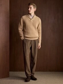 Manfinity CityGents Men's Minimalist V-Neck Turn-Down Collar Long Sleeve Sweater For Commuting - Camel - View 6