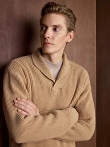 Manfinity CityGents Men's Minimalist V-Neck Turn-Down Collar Long Sleeve Sweater For Commuting - Camel - View 5