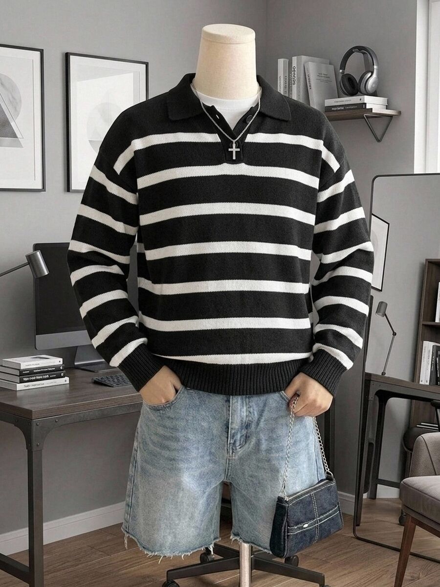 Claim Dot Autumn/Winter New Style Lapel Half-Button Pullover Long Sleeve Striped Versatile Sweater Comfortable For Daily Outings And Activities - Black - View 1
