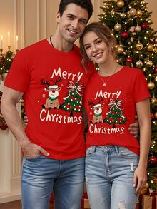 Manfinity Homme 聖誕可愛鹿圖案時尚休閒印花男士紅色標準尺寸修身短袖T恤 - 紅色 - 查看 1
