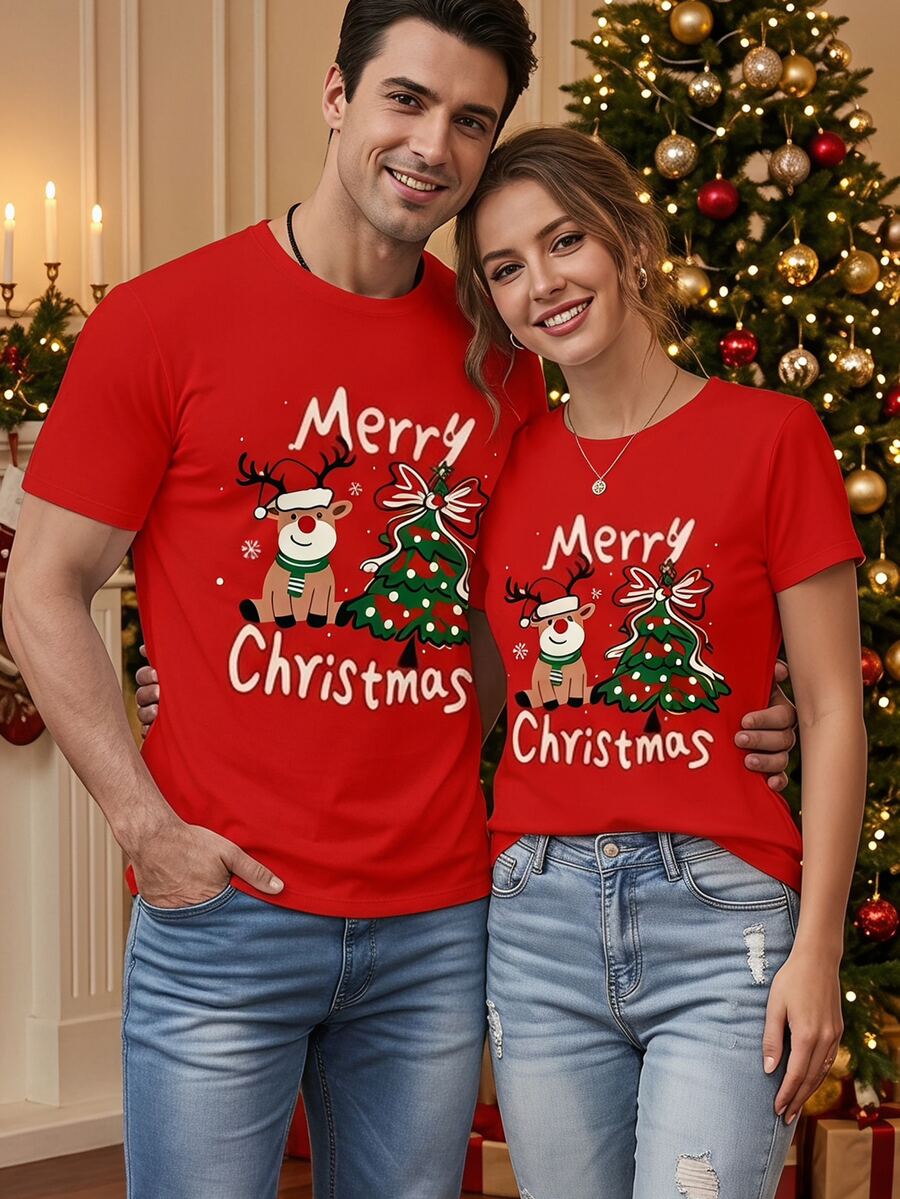 Manfinity Homme 聖誕可愛鹿圖案時尚休閒印花男士紅色標準尺寸修身短袖T恤 - 紅色 - 查看 1