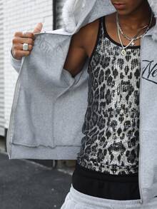 Major Grit Men's Letter Print Zip-Up Hoodie And Double Waist Drawstring Long Pants Set - Grey - View 7