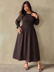Auralis Plus Size Round Neck High Elastic Waist Flared Hem Brown Ruffle Long Sleeve Casual Everyday Dress Elegant For Women Autumn Work Brunch Formal - Brown - View 3