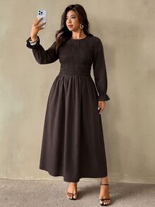 Auralis Plus Size Round Neck High Elastic Waist Flared Hem Brown Ruffle Long Sleeve Casual Everyday Dress Elegant For Women Autumn Work Brunch Formal - Brown - View 5