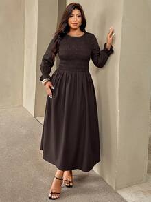 Auralis Plus Size Round Neck High Elastic Waist Flared Hem Brown Ruffle Long Sleeve Casual Everyday Dress Elegant For Women Autumn Work Brunch Formal - Brown - View 7
