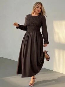 Auralis Plus Size Round Neck High Elastic Waist Flared Hem Brown Ruffle Long Sleeve Casual Everyday Dress Elegant For Women Autumn Work Brunch Formal - Brown - View 8