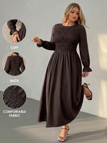 Auralis Plus Size Round Neck High Elastic Waist Flared Hem Brown Ruffle Long Sleeve Casual Everyday Dress Elegant For Women Autumn Work Brunch Formal - Brown - View 2