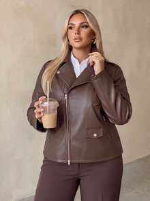 Auralis Autumn/Winter Long Sleeve PU Jacket Motorcycle Personality Girl Modern Streetwear Anti Social Casual Elegant Y2K Brown Night Out Going Out Formal - Brown - View 4