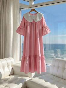 Tween Girl Fall Dresses Summer Peter Pan Collar Ruffle Sleeve Pleated Mini Dress, Outfit Autumn Fall, Holiday Outfits - Pink - View 3