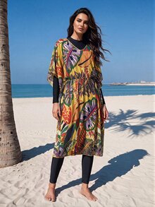 Swim Mulvari Ladies' Cover-Up, Random Printed Design, Licensed, Tropical Plant Colorful Large Leaves Swimsuit Cover-Up Summer - Multicolor - View 2
