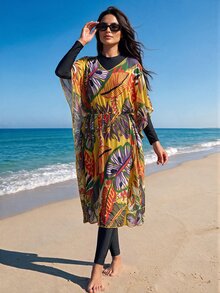 Swim Mulvari Ladies' Cover-Up, Random Printed Design, Licensed, Tropical Plant Colorful Large Leaves Swimsuit Cover-Up Summer - Multicolor - View 7