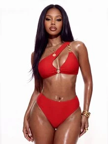 Swim Basics Solid Color Bikini Set For Beach Vacation - Red - View 2