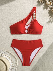 Swim Basics Solid Color Bikini Set For Beach Vacation - Red - View 4