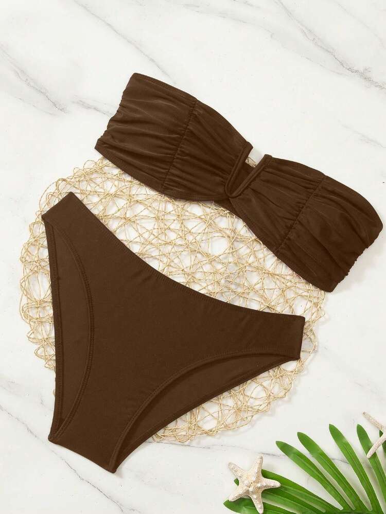Swim Basics Solid Color Bikini Set For Beach Vacation Push Up Swimwear Push Up Swimsuits For Woman Bikinis Set For Women - Coffee Brown - View 4