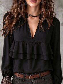 SHEIN Holidaya Women's Cover Up Loose Fit Textured Deep V Neck Layered Ruffle Bohemian Smart Casual Elegant Black Solid Fall Halloween Brunch Office Work - Black - View 1