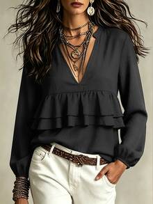 SHEIN Holidaya Women's Cover Up Loose Fit Textured Deep V Neck Layered Ruffle Bohemian Smart Casual Elegant Black Solid Fall Halloween Brunch Office Work - Black - View 6