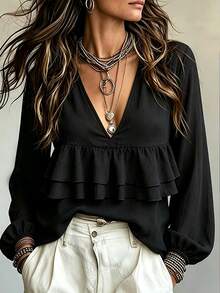 SHEIN Holidaya Women's Cover Up Loose Fit Textured Deep V Neck Layered Ruffle Bohemian Smart Casual Elegant Black Solid Fall Halloween Brunch Office Work - Black - View 5