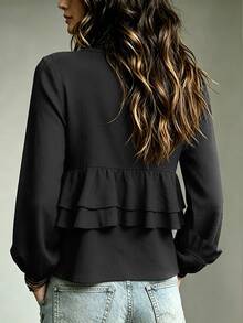 SHEIN Holidaya Women's Cover Up Loose Fit Textured Deep V Neck Layered Ruffle Bohemian Smart Casual Elegant Black Solid Fall Halloween Brunch Office Work - Black - View 2