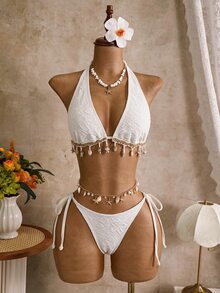 Swim Mod Women's Summer Beach Textured Halter Tie Sexy Fashion Bikini Two-Piece Swimsuit Set With Cover Up Skirt - Apricot - View 5