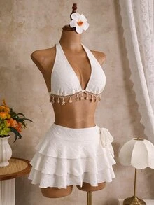 Swim Mod Women's Summer Beach Textured Halter Tie Sexy Fashion Bikini Two-Piece Swimsuit Set With Cover Up Skirt - Apricot - View 4