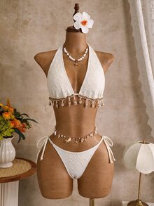 Swim Mod Women's Summer Beach Textured Halter Tie Sexy Fashion Bikini Two-Piece Swimsuit Set With Cover Up Skirt - Apricot - View 2