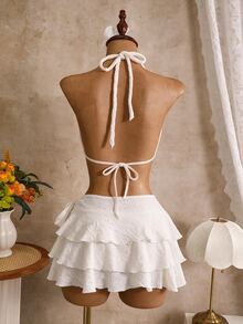 Swim Mod Women's Summer Beach Textured Halter Tie Sexy Fashion Bikini Two-Piece Swimsuit Set With Cover Up Skirt - Apricot - View 8