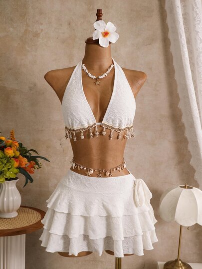 SHEIN Swim Women's Summer Beach Textured Halter Tie Sexy Fashion Bikini Two-Piece Swimsuit Set With Cover Up Skirt