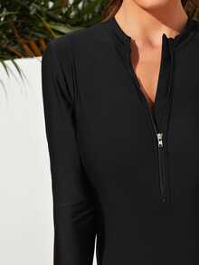 SHEIN Swim Summer Beach Mono Tankini Set Long Sleeve Zip Front High Neck Full Cover Swim Shirt & Leggings 2 Piece Swimsuit - Black - View 7