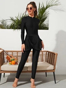 SHEIN Swim Summer Beach Mono Tankini Set Long Sleeve Zip Front High Neck Full Cover Swim Shirt & Leggings 2 Piece Swimsuit - Black - View 3