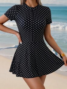 SHEIN Swim 女士沙滩度假休闲波点印花拉链布基尼泳衣 - 黑與白 - 查看 6