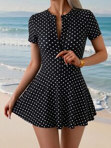 SHEIN Swim 女士沙滩度假休闲波点印花拉链布基尼泳衣 - 黑與白 - 查看 7