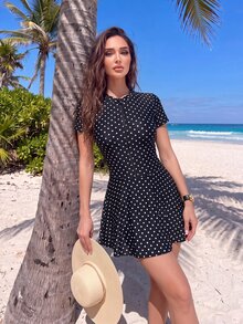 SHEIN Swim 女士沙滩度假休闲波点印花拉链布基尼泳衣 - 黑與白 - 查看 3