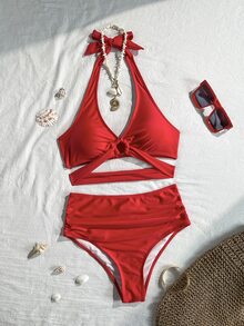 Swim Basics Hot Selling Solid Color Halter Strap Red Bikini Set, Beachwear For Holiday, Beach, Party For Summer Beach Vacation - Red - View 4