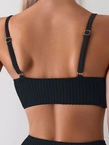 Swim Basics Women Simple Solid Textured Wireless Summer Beach Bikini Set - Black - View 5